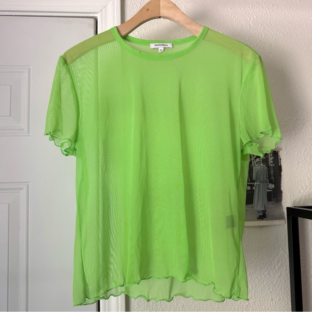 PRISCAVERA neon lime green yellow nylon‎ mesh sheer lettuce cropped tee top